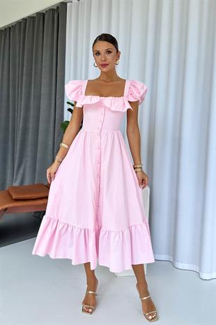 Kare Yaka Fırfır Detaylı Uzun Elbise - Pembe