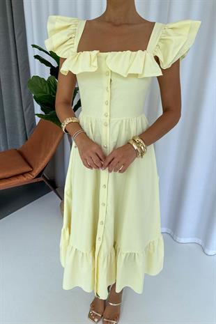 Kare Yaka Fırfır Detaylı Uzun Elbise - Sarı