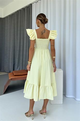 Kare Yaka Fırfır Detaylı Uzun Elbise - Sarı