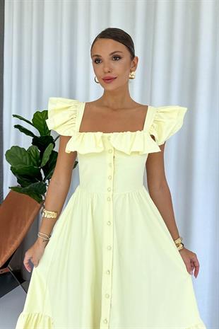 Kare Yaka Fırfır Detaylı Uzun Elbise - Sarı