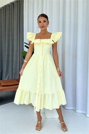 Kare Yaka Fırfır Detaylı Uzun Elbise - Sarı