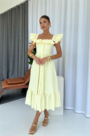 Kare Yaka Fırfır Detaylı Uzun Elbise - Sarı