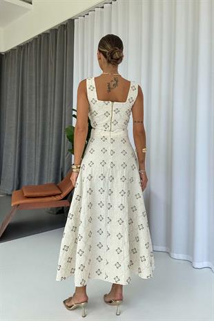 Kare Yaka Fisto Detaylı Bluz Kiloş Etek Takım - Beyaz