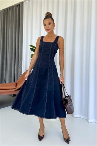 Kare Yaka Kiloş Kesim Kot Elbise - Lacivert