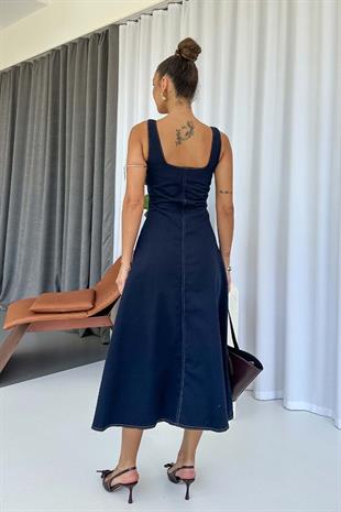 Kare Yaka Kiloş Kesim Kot Elbise - Lacivert