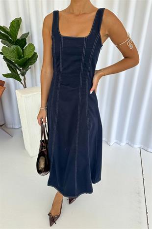 Kare Yaka Kiloş Kesim Kot Elbise - Lacivert