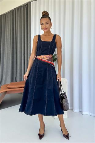 Kare Yaka Kiloş Kesim Kot Elbise - Lacivert