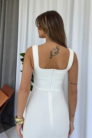 Kare Yaka Papatya İşleme Detay Elbise - Beyaz