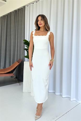 Kare Yaka Papatya İşleme Detay Elbise - Beyaz