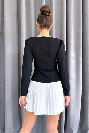 Kare Yaka Pilise Detaylı Kadın Elbise - Siyah