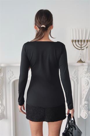 Kare Yaka Sandy Kumaş Basic Kadın Body - Siyah