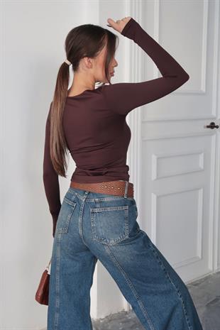 Kare Yaka Sandy Kumaş Basic Kadın Body - Kahverengi