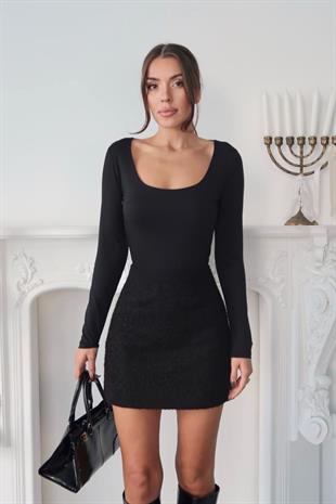Kare Yaka Sandy Kumaş Basic Kadın Body - Siyah