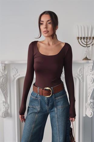 Kare Yaka Sandy Kumaş Basic Kadın Body - Kahverengi