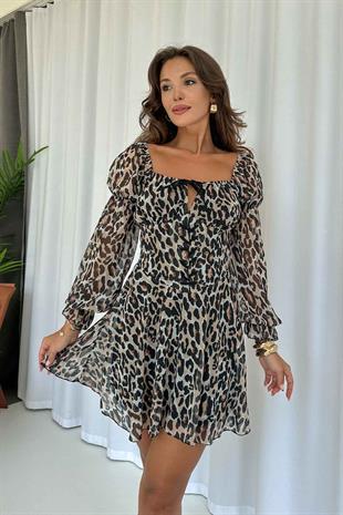 Kare Yaka Uzun Kol Leopar Desenli Kadın Elbise