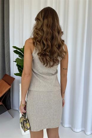 Kare Yaka Yelek Etek Kadın Takım - Bej