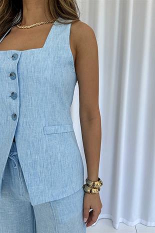 Kare Yaka Yelek Pantolon Kadın Takım - Mavi
