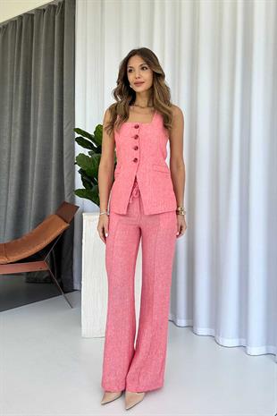 Kare Yaka Yelek Pantolon Kadın Takım - Nar Çiçeği