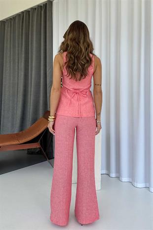 Kare Yaka Yelek Pantolon Kadın Takım - Nar Çiçeği