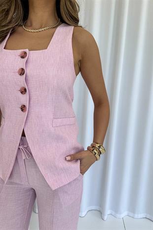 Kare Yaka Yelek Pantolon Kadın Takım - Pembe