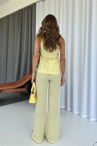 Kare Yaka Yelek Pantolon Kadın Takım - Sarı