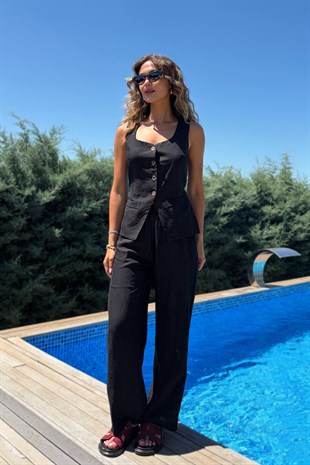 Kare Yaka Yelek Pantolon Kadın Takım - Siyah