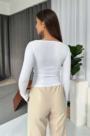 Kayık Yaka Basic Kadın Body - Beyaz