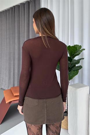 Kayık Yaka Basic Transparan Kadın Body - Kahverengi