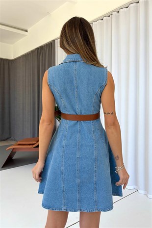 Kemer Detaylı Denim Kiloş Kesim Kadın Elbise - Mavi