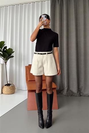 Kemerli Kaşe Kadın Şort - Bej