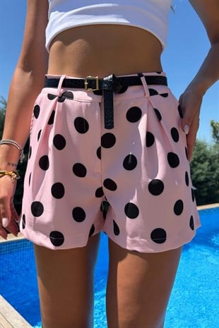 Kemerli Puantiye Desenli Kadın Şort - Pembe