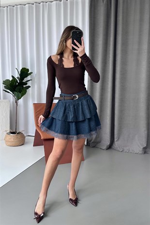 Kendinden Kemerli Denim Kısa Etek