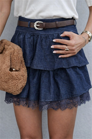Kendinden Kemerli Denim Kısa Etek
