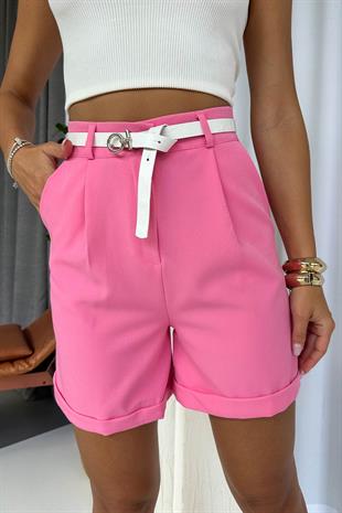 Kendinden Kemerli Pens Detay Şort - Pembe