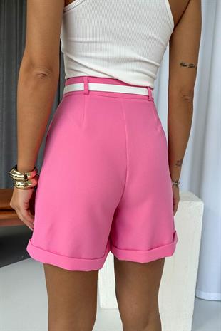 Kendinden Kemerli Pens Detay Şort - Pembe