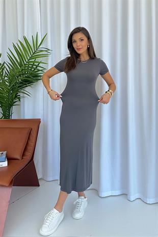 Kısa Kol Bisiklet Yaka Modal Elbise - Gri