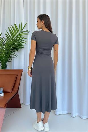 Kısa Kol Bisiklet Yaka Modal Elbise - Gri