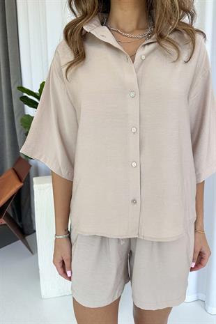 Kısa Kol Gömlek & Şort Takım - Bej