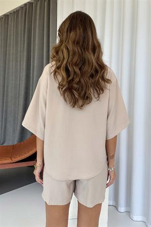 Kısa Kol Gömlek & Şort Takım - Bej