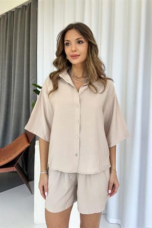 Kısa Kol Gömlek & Şort Takım - Bej