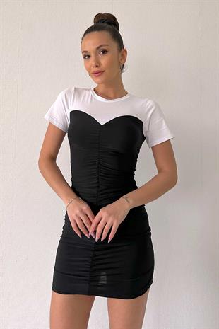 Kısa Kol Kalp Büzgü Elbise - Siyah