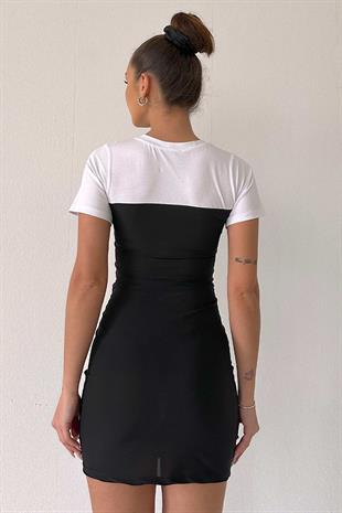 Kısa Kol Kalp Büzgü Elbise - Siyah