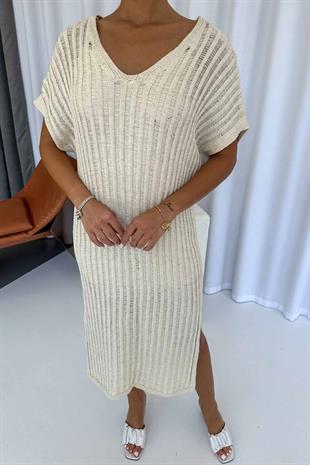 Kısa Kol V Yaka Kendinden Astarlı Triko Elbise - Ekru
