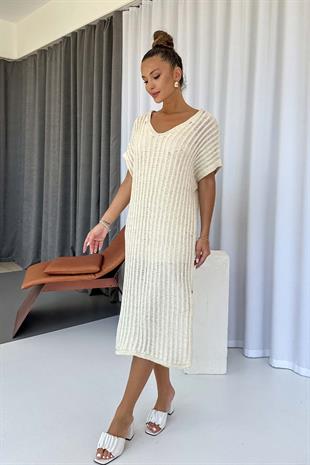 Kısa Kol V Yaka Kendinden Astarlı Triko Elbise - Ekru