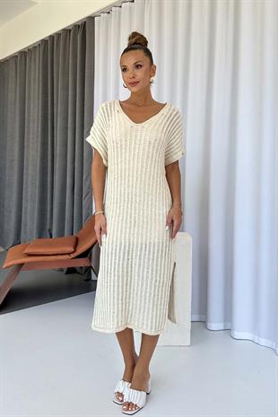 Kısa Kol V Yaka Kendinden Astarlı Triko Elbise - Ekru