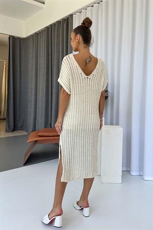 Kısa Kol V Yaka Kendinden Astarlı Triko Elbise - Ekru