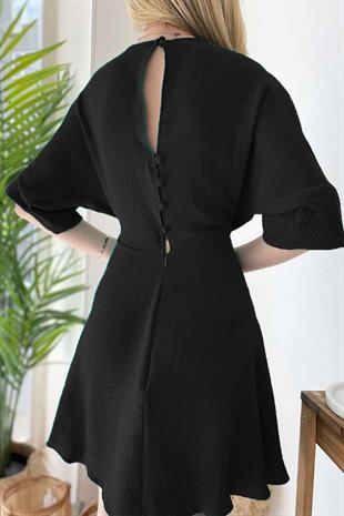 Kolları Lastik Detaylı Linda Elbise - Siyah