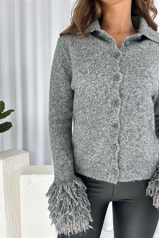 Kolları Püsküllü Kadın Yumuşak Hırka - Gri