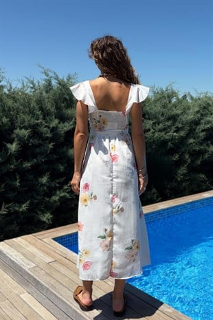 Kolları Volanlı Beyaz Zemin Çiçekli Kuşaklı Kadın Yaz Elbisesi
