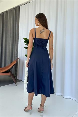 Kolsuz Bağlama Detaylı Kadın Elbise - Lacivert